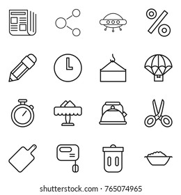 Thin line icon set : newspaper, molecule, ufo, percent, pencil, clock, loading crane, parachute delivery, stopwatch, restaurant, kettle, scissors, cutting board, mixer, trash bin, foam basin