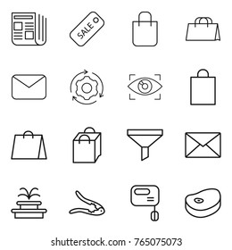 Thin line icon set : newspaper, sale, shopping bag, mail, around gear, eye identity, funnel, fountain, walnut crack, mixer, steake