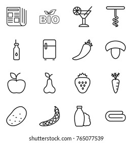 Thin line icon set : newspaper, bio, cocktail, corkscrew, vegetable oil, fridge, hot pepper, mushroom, apple, pear, strawberry, carrot, potato, peas, shampoo, towel