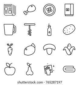 Thin line icon set : newspaper, chicken leg, cooler fan, fridge, cup, corkscrew, vegetable oil, potato, carrot, lemon, mushroom, corn, apple, pear, wiping, towel