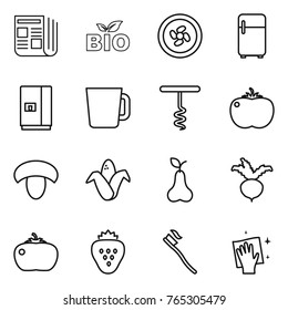Thin line icon set : newspaper, bio, cooler fan, fridge, cup, corkscrew, tomato, mushroom, corn, pear, beet, strawberry, tooth brush, wiping