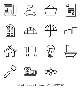 Thin line icon set : newspaper, electric car, basket, account balance, arch window, greenhouse, dry cargo, sorting, bungalow, baggage trolley, bulb, bath, meat hammer, food processor