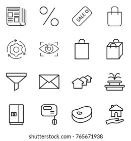 Thin line icon set : newspaper, percent, sale, shopping bag, around gear, eye identity, funnel, mail, houses, fountain, fridge, mixer, steake, housing