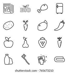 Thin line icon set : newspaper, bio, chicken leg, fridge, potato, carrot, lemon, hot pepper, apple, pear, strawberry, shampoo, tooth brush, wiping, towel