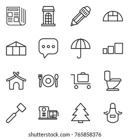 Thin line icon set : newspaper, building, pencil, greenhouse, sms, dry cargo, sorting, bungalow, cafe, baggage trolley, toilet, meat hammer, food processor, spruce, apron