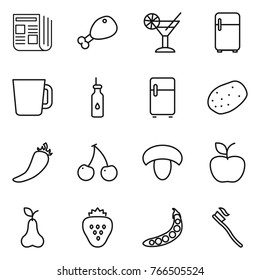 Thin line icon set : newspaper, chicken leg, cocktail, fridge, cup, vegetable oil, potato, hot pepper, cherry, mushroom, apple, pear, strawberry, peas, tooth brush