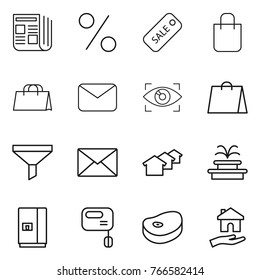 Thin line icon set : newspaper, percent, sale, shopping bag, mail, eye identity, funnel, houses, fountain, fridge, mixer, steake, housing