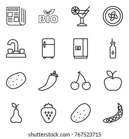 Thin line icon set : newspaper, bio, cocktail, cooler fan, water tap, fridge, vegetable oil, potato, hot pepper, cherry, apple, pear, strawberry, peas