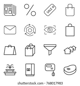 Thin line icon set : newspaper, percent, sale, shopping bag, mail, around gear, eye identity, funnel, houses, fountain, fridge, mixer, steake