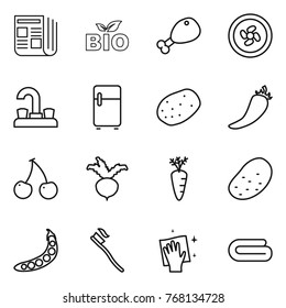 Thin line icon set : newspaper, bio, chicken leg, cooler fan, water tap, fridge, potato, hot pepper, cherry, beet, carrot, peas, tooth brush, wiping, towel