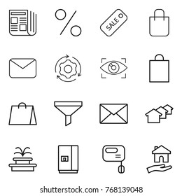 Thin line icon set : newspaper, percent, sale, shopping bag, mail, around gear, eye identity, funnel, houses, fountain, fridge, mixer, housing