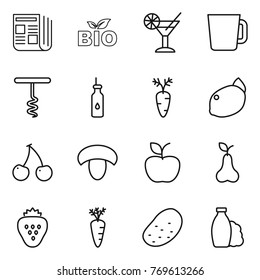 Thin line icon set : newspaper, bio, cocktail, cup, corkscrew, vegetable oil, carrot, lemon, cherry, mushroom, apple, pear, strawberry, potato, shampoo