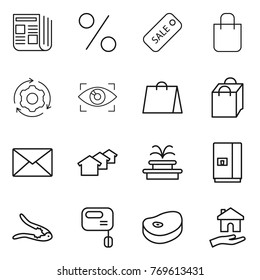 Thin line icon set : newspaper, percent, sale, shopping bag, around gear, eye identity, mail, houses, fountain, fridge, walnut crack, mixer, steake, housing