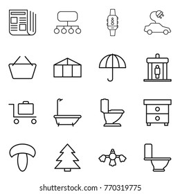 Thin line icon set : newspaper, structure, smart watch, electric car, basket, greenhouse, dry cargo, detector, baggage trolley, bath, toilet, nightstand, mushroom, spruce, hard reach place cleaning