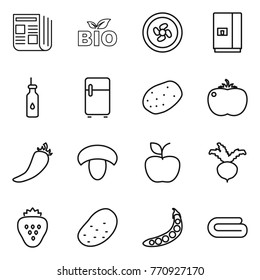 Thin line icon set : newspaper, bio, cooler fan, fridge, vegetable oil, potato, tomato, hot pepper, mushroom, apple, beet, strawberry, peas, towel