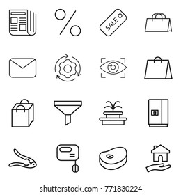 Thin line icon set : newspaper, percent, sale, shopping bag, mail, around gear, eye identity, funnel, fountain, fridge, walnut crack, mixer, steake, housing