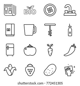 Thin line icon set : newspaper, bio, cooler fan, water tap, fridge, cup, corkscrew, vegetable oil, tomato, carrot, hot pepper, corn, strawberry, potato, wiping