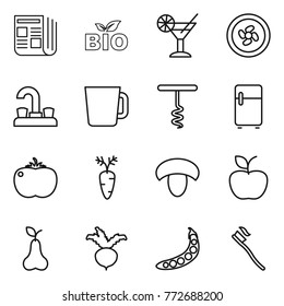 Thin line icon set : newspaper, bio, cocktail, cooler fan, water tap, cup, corkscrew, fridge, tomato, carrot, mushroom, apple, pear, beet, peas, tooth brush