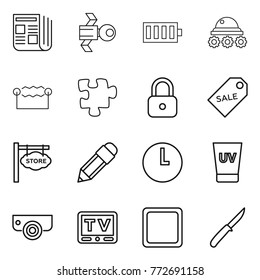 Thin line icon set : newspaper, satellite, battery, lunar rover, electrostatic, puzzle, lock, sale label, store signboard, pencil, clock, uv cream, surveillance camera, tv, cutting board, knife