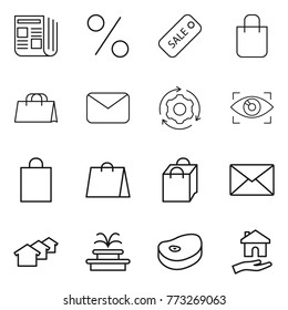 Thin line icon set : newspaper, percent, sale, shopping bag, mail, around gear, eye identity, houses, fountain, steake, housing
