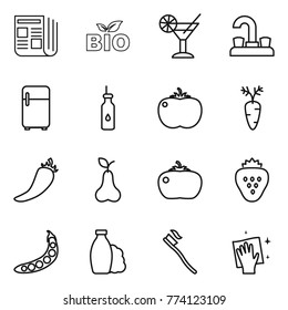 Thin line icon set : newspaper, bio, cocktail, water tap, fridge, vegetable oil, tomato, carrot, hot pepper, pear, strawberry, peas, shampoo, tooth brush, wiping