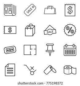 Thin line icon set : newspaper, sale, shopping bag, receipt, percent, ticket, plan, pin, calendar, document, do not trolley sign, label, toilet paper