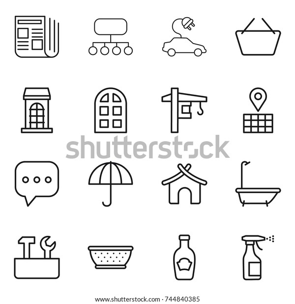 thin line\
icon set : newspaper, structure, electric car, basket, building,\
arch window, tower crane, map, sms, dry cargo, bungalow, bath,\
repair tools, colander, ketchup,\
sprayer