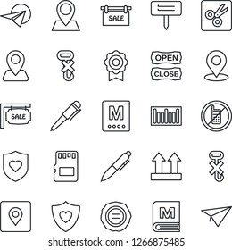 Thin Line Icon Set - no mobile vector, pen, stamp, plant label, heart shield, navigation, pin, up side sign, hook, barcode, sd, cut, place tag, sertificate, sale, menu, open close, paper plane