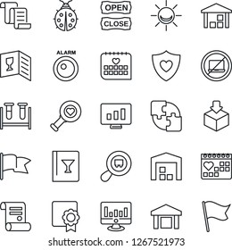 Thin Line Icon Set - no laptop vector, contract, statistic monitor, lady bug, blood test vial, heart diagnostic, shield, medical calendar, warehouse, package, search cargo, application, sertificate