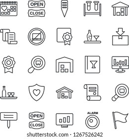 Thin Line Icon Set - no laptop vector, contract, statistic monitor, plant label, blood test vial, heart shield, medical calendar, warehouse, package, search cargo, sertificate, alcohol, wine card