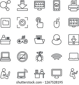 Thin Line Icon Set - no laptop vector, wireless notebook, mouse, printer, monitor pulse, virus, support, gamepad, touch screen, share, folder, download, document, manager desk, pc, home control app