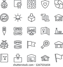 Thin Line Icon Set - no laptop vector, contract, statistic monitor, lady bug, plant label, heart diagnostic, shield, warehouse, package, application, sertificate, alcohol, wine card, open close