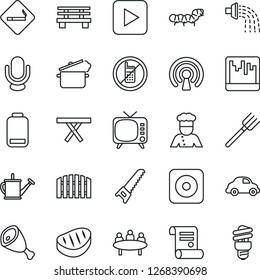Thin Line Icon Set - no mobile vector, smoking place, meeting, contract, farm fork, watering can, saw, bench, caterpillar, picnic table, car delivery, tv, microphone, low battery, play button, rec