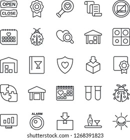 Thin Line Icon Set - no laptop vector, contract, statistic monitor, lady bug, blood test vial, heart diagnostic, shield, medical calendar, warehouse, package, application, sertificate, alcohol