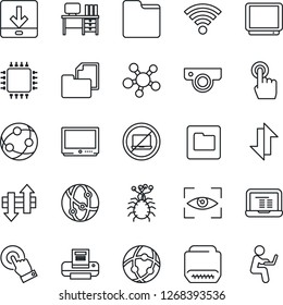 Thin Line Icon Set - no laptop vector, desk, notebook pc, virus, folder document, tv, network, touch screen, share, hdmi, data exchange, download, wireless, printer, chip, web camera, eye scan