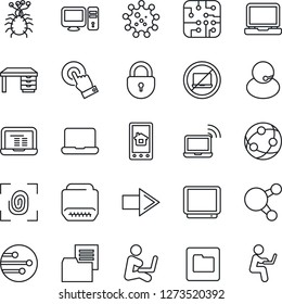 Thin Line Icon Set - no laptop vector, wireless notebook, right arrow, lock, desk, pc, virus, support, folder document, tv, network, touch screen, share, hdmi, chip, fingerprint, home control app