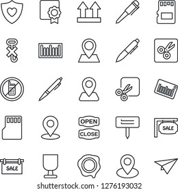 Thin Line Icon Set - no mobile vector, pen, stamp, plant label, heart shield, navigation, pin, fragile, up side sign, hook, barcode, sd, cut, place tag, sertificate, sale, open close, paper plane