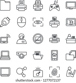 Thin Line Icon Set - no laptop vector, bomb in case, wireless notebook, mouse, pc, printer, support, folder document, gamepad, tv, monitor, share, hdmi, manager desk, fingerprint, web camera