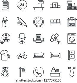 Thin Line Icon Set - no laptop vector, waiting area, airport building, office chair, garden light, bike, hospital bed, virus, 24 hours, heavy scales, satellite, battery, manager desk, printer, phone