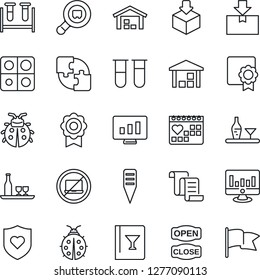 Thin Line Icon Set - no laptop vector, contract, statistic monitor, lady bug, plant label, blood test vial, heart shield, medical calendar, warehouse, package, search cargo, application, sertificate