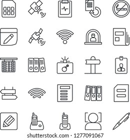 Thin Line Icon Set - no smoking vector, signpost, bomb in case, reception, flight table, identity card, document, reload, pulse clipboard, office phone, satellite, radio, sim, notes, wireless, news