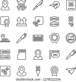 Thin Line Icon Set - no laptop vector, vip, pen, stamp, plant label, navigation, pin, up side sign, hook, barcode, sd, cut, sertificate, sale, menu, open close, paper plane