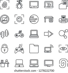 Thin Line Icon Set - no laptop vector, wireless notebook, right arrow, lock, desk, pc, virus, gamepad, tv, monitor, share, network, folder, data exchange, document, manager, printer, fingerprint