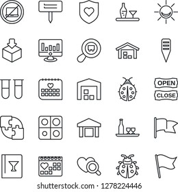 Thin Line Icon Set - no laptop vector, statistic monitor, lady bug, plant label, blood test vial, heart diagnostic, shield, medical calendar, warehouse, package, search cargo, application, alcohol