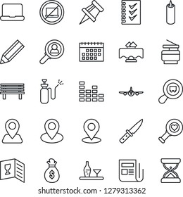 Thin Line Icon Set - no laptop vector, plane, bench, garden sprayer, heart diagnostic, navigation, pin, search cargo, news, equalizer, place tag, calendar, drawing, checklist, notebook pc, copier