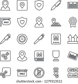 Thin Line Icon Set - no mobile vector, pen, stamp, heart shield, navigation, pin, fragile, up side sign, hook, barcode, cut, place tag, sertificate, sale, menu, open close