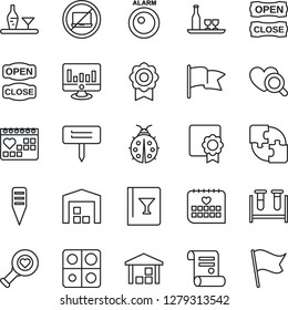 Thin Line Icon Set - no laptop vector, statistic monitor, contract, lady bug, plant label, blood test vial, heart diagnostic, medical calendar, warehouse, application, sertificate, alcohol, flag