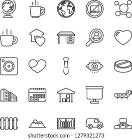 Thin Line Icon Set - no laptop vector, globe, desk, coffee, caterpillar, pills, molecule, earth, term, warehouse, barcode, heart, mobile camera, eye id, presentation board, tie, mountains, radiator