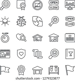 Thin Line Icon Set - no laptop vector, contract, statistic monitor, lady bug, blood test vial, heart diagnostic, shield, medical calendar, warehouse, search cargo, application, sertificate, flag