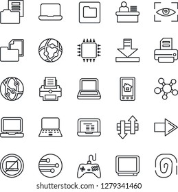 Thin Line Icon Set - no laptop vector, right arrow, notebook pc, printer, folder document, gamepad, tv, network, share, data exchange, download, manager desk, chip, home control app, eye scan